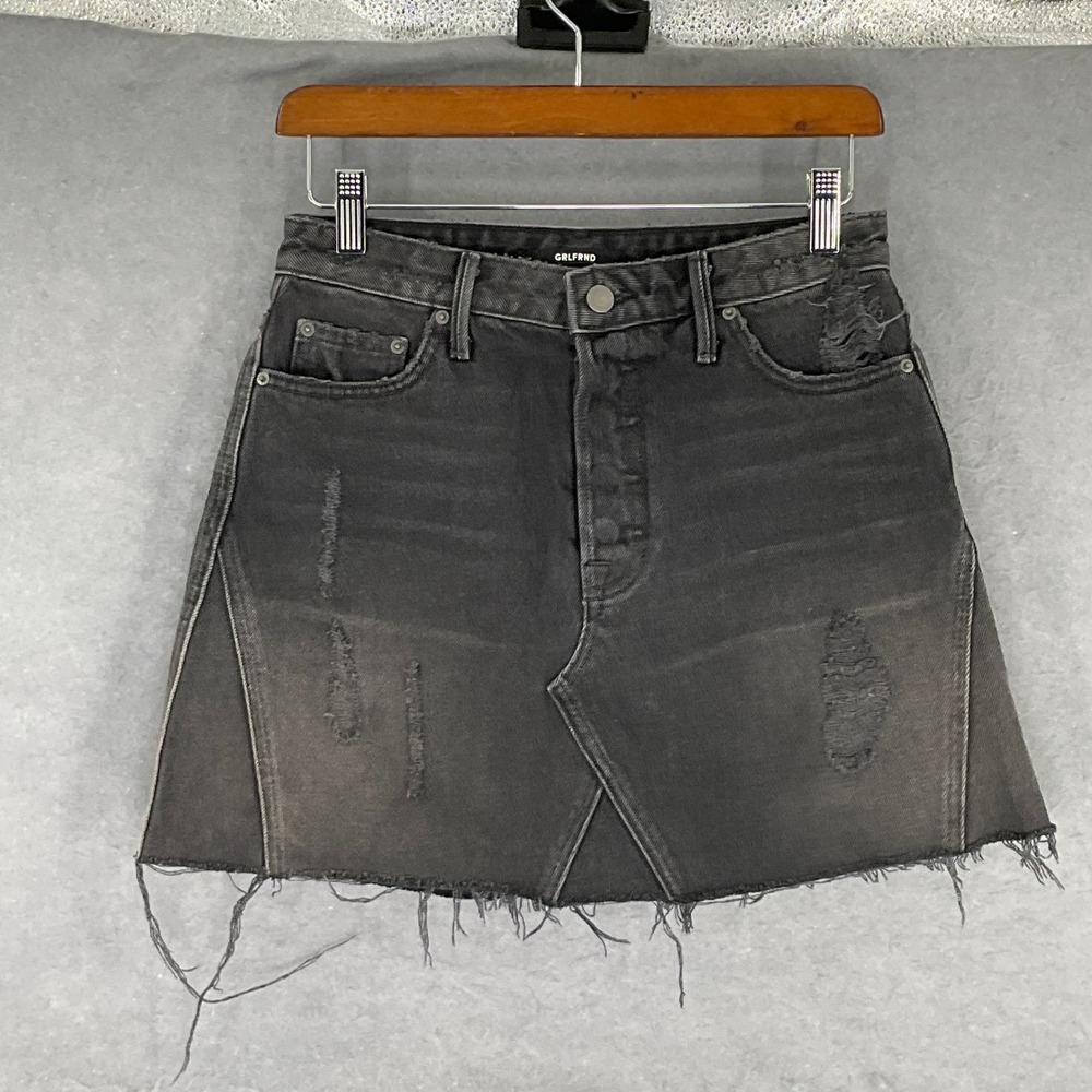 GRLFRND EVA Distressed Black Denim Mini Skirt Size 27 Raw Hem Festival Coastal‎